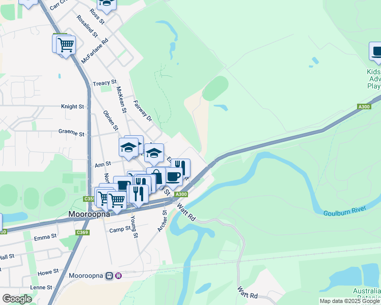 map of restaurants, bars, coffee shops, grocery stores, and more near 30 Park Street in Mooroopna