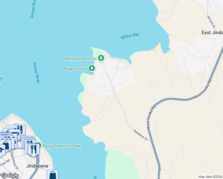 map of restaurants, bars, coffee shops, grocery stores, and more near 26 Rainbow Drive in East Jindabyne