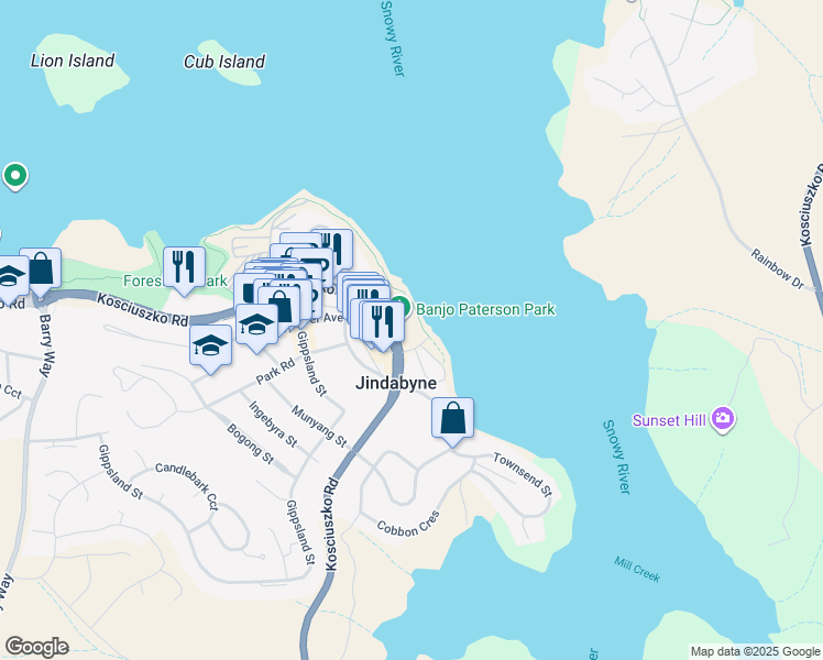 map of restaurants, bars, coffee shops, grocery stores, and more near 2 Bay Street in Jindabyne