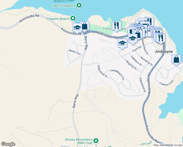 map of restaurants, bars, coffee shops, grocery stores, and more near 2 Ryrie Lane in Jindabyne