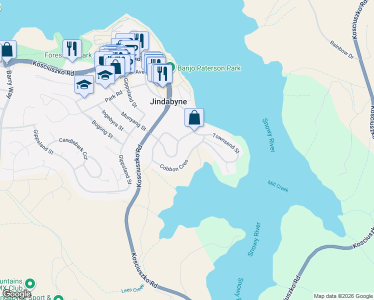 map of restaurants, bars, coffee shops, grocery stores, and more near 37 Cobbon Crescent in Jindabyne