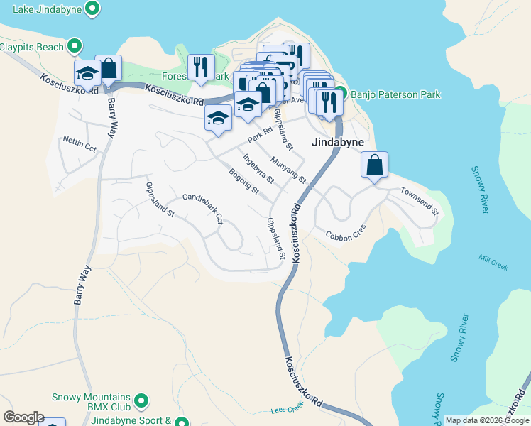 map of restaurants, bars, coffee shops, grocery stores, and more near 1 Cobbadah Street in Jindabyne
