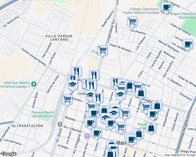 map of restaurants, bars, coffee shops, grocery stores, and more near 13 Longitudinal Sur in Chillan