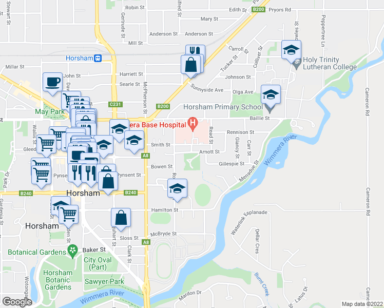 map of restaurants, bars, coffee shops, grocery stores, and more near 2-22 Arnott Street in Horsham