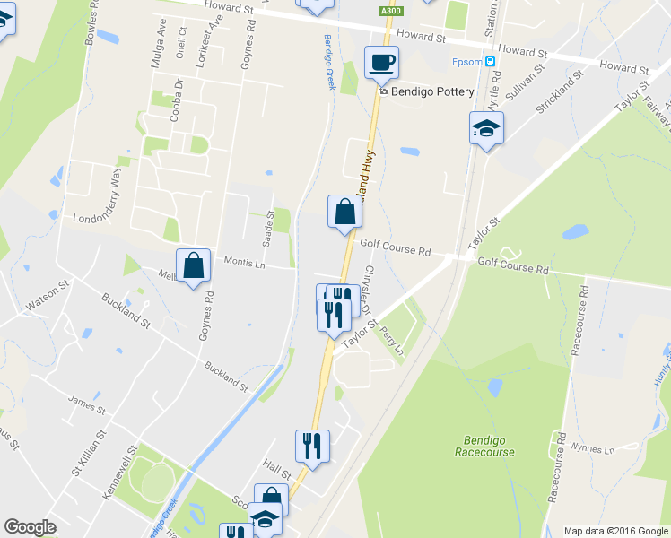 map of restaurants, bars, coffee shops, grocery stores, and more near 67 Midland Highway in Epsom