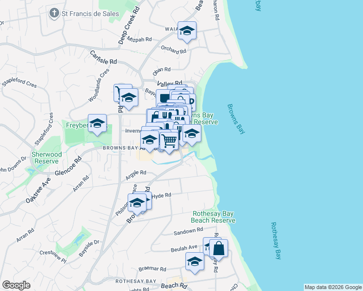 map of restaurants, bars, coffee shops, grocery stores, and more near 11 Clyde Road in Auckland