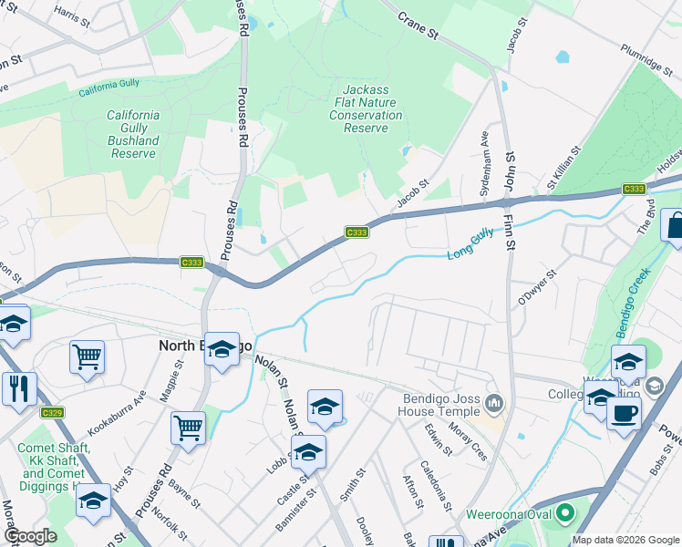 map of restaurants, bars, coffee shops, grocery stores, and more near 6 Cecil Street in North Bendigo