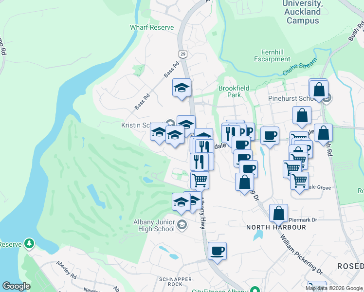 map of restaurants, bars, coffee shops, grocery stores, and more near 360 Albany Highway in Auckland