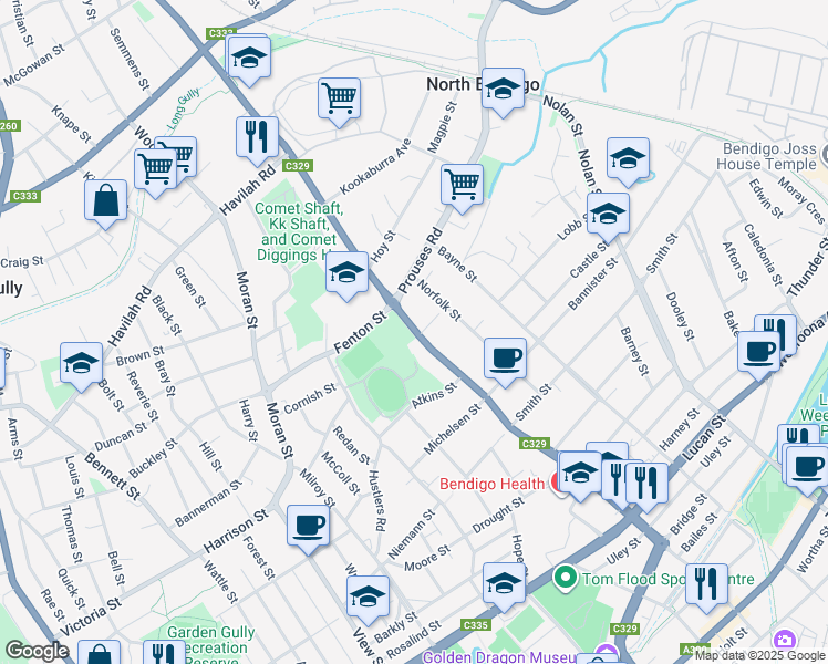 map of restaurants, bars, coffee shops, grocery stores, and more near Arnold St in Bendigo