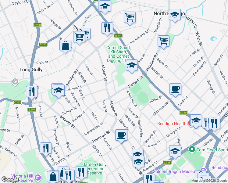 map of restaurants, bars, coffee shops, grocery stores, and more near 5 Fenton Street in Long Gully