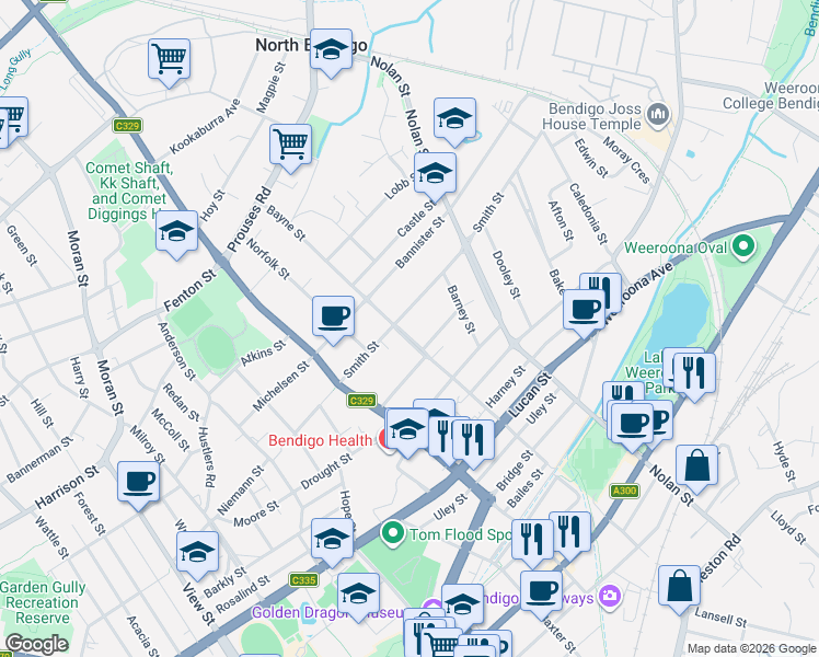 map of restaurants, bars, coffee shops, grocery stores, and more near 38 Bayne Street in North Bendigo