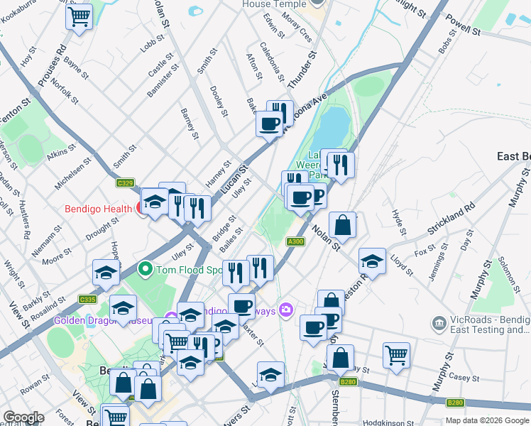 map of restaurants, bars, coffee shops, grocery stores, and more near Bendigo Creek Trail in Bendigo