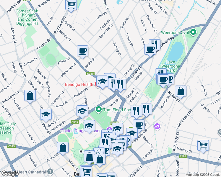 map of restaurants, bars, coffee shops, grocery stores, and more near Arnold St in Bendigo