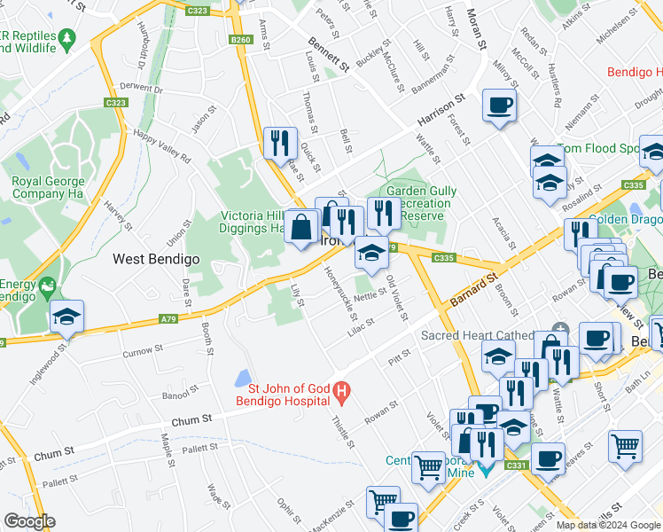 map of restaurants, bars, coffee shops, grocery stores, and more near 76 Honeysuckle Street in Ironbark