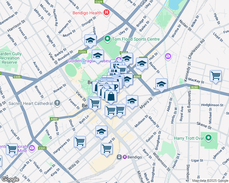 map of restaurants, bars, coffee shops, grocery stores, and more near 58 Bull Street in Bendigo