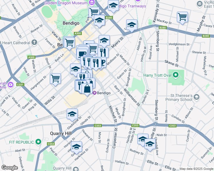 map of restaurants, bars, coffee shops, grocery stores, and more near 66 Galvin Street in Bendigo