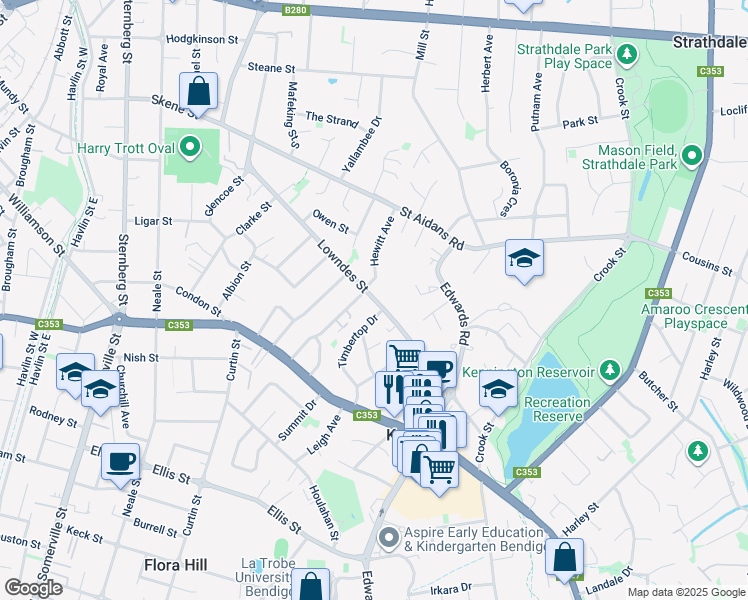 map of restaurants, bars, coffee shops, grocery stores, and more near Lowndes Street in Kennington