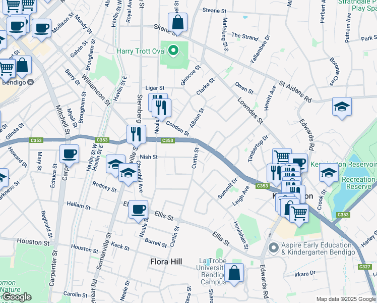 map of restaurants, bars, coffee shops, grocery stores, and more near 27 Nish Street in Flora Hill