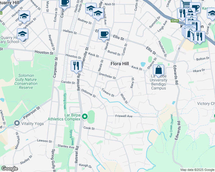 map of restaurants, bars, coffee shops, grocery stores, and more near 6 Race Street in Flora Hill