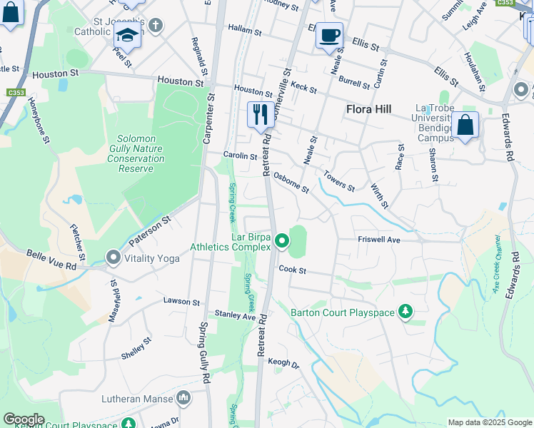 map of restaurants, bars, coffee shops, grocery stores, and more near 45 Retreat Road in Flora Hill