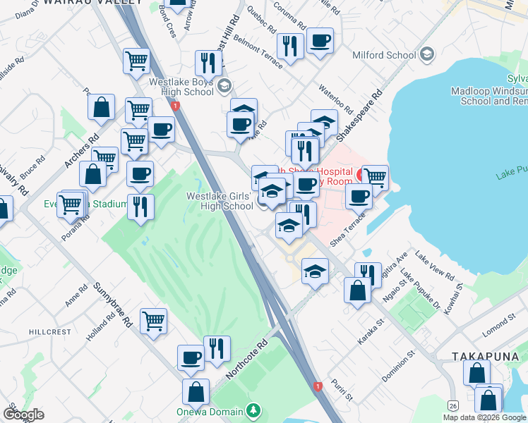 map of restaurants, bars, coffee shops, grocery stores, and more near 2 Wairau Road in Auckland