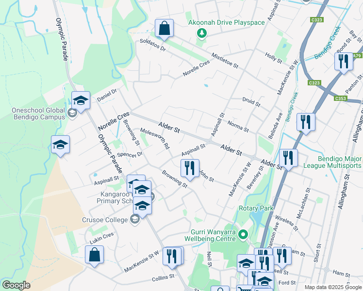 map of restaurants, bars, coffee shops, grocery stores, and more near 3B Keast Court in Kangaroo Flat