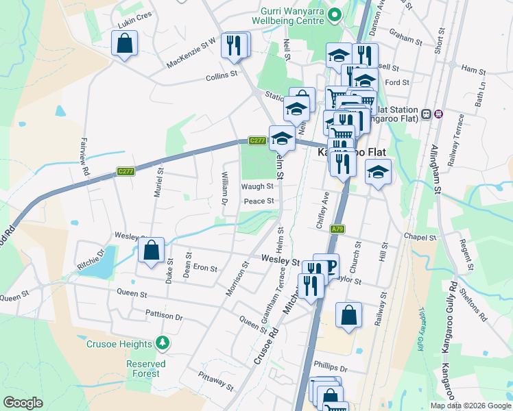map of restaurants, bars, coffee shops, grocery stores, and more near 13 Peace Street in Kangaroo Flat