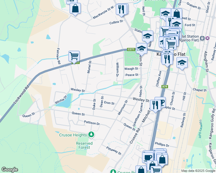 map of restaurants, bars, coffee shops, grocery stores, and more near 9 Lily Place in Kangaroo Flat
