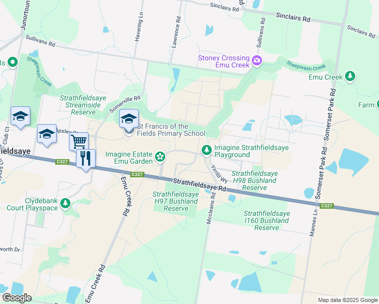 map of restaurants, bars, coffee shops, grocery stores, and more near 47 Swanson Boulevard in Strathfieldsaye