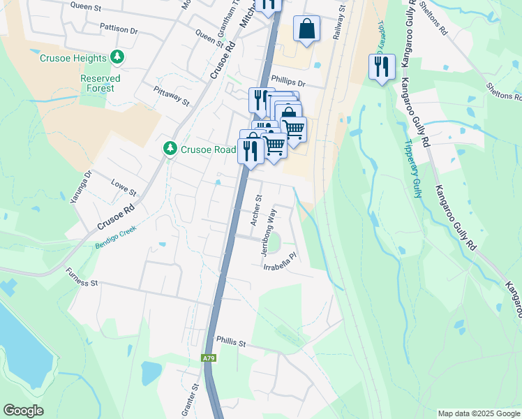 map of restaurants, bars, coffee shops, grocery stores, and more near 15 Archer Street in Kangaroo Flat