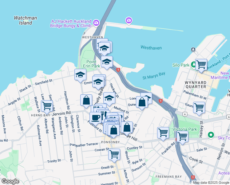 map of restaurants, bars, coffee shops, grocery stores, and more near Hackett Street in Auckland