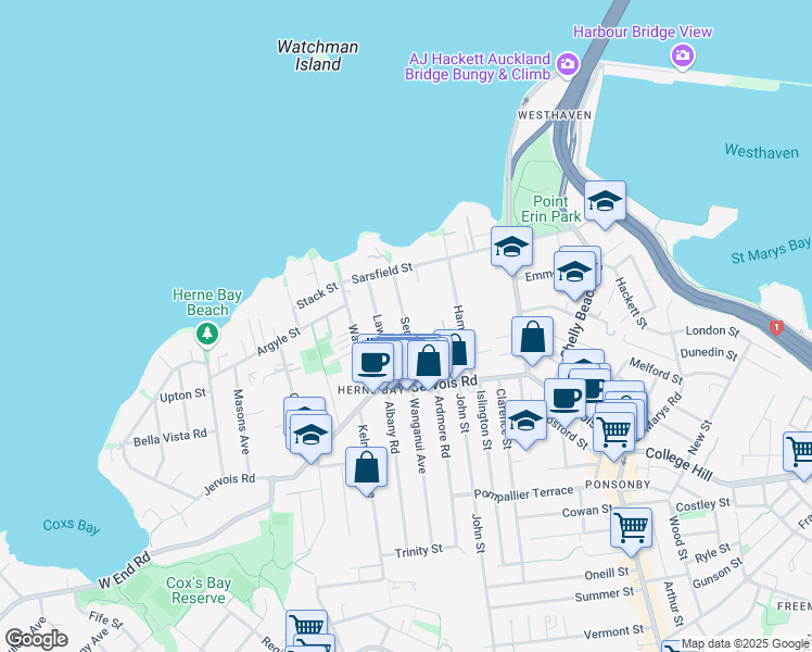 map of restaurants, bars, coffee shops, grocery stores, and more near Sentinel Road in Auckland