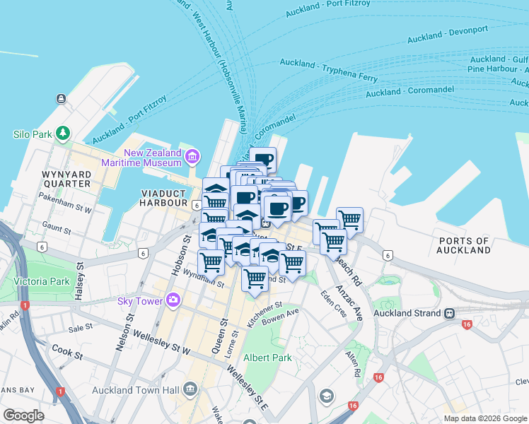map of restaurants, bars, coffee shops, grocery stores, and more near 152 Quay Street in Auckland