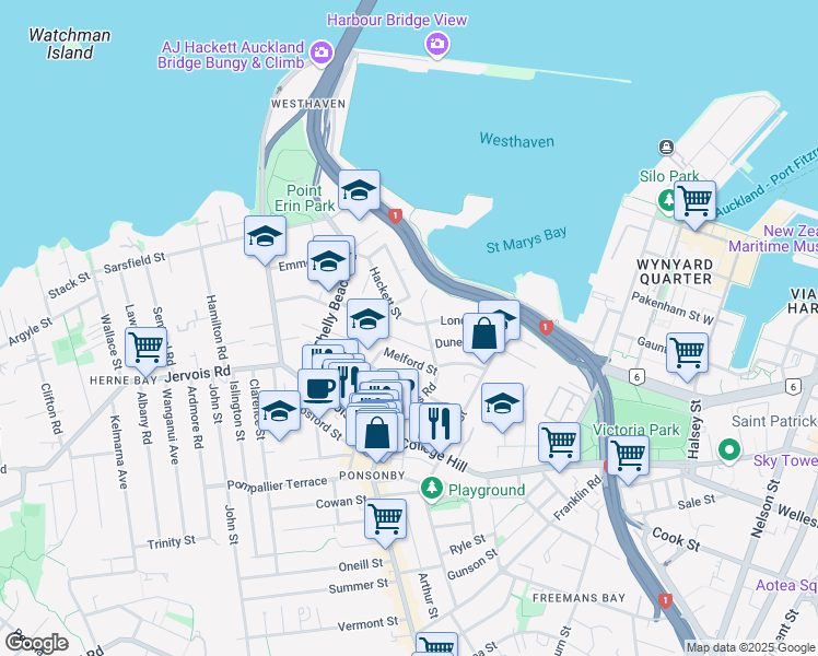 map of restaurants, bars, coffee shops, grocery stores, and more near 8 Hackett Street in Auckland