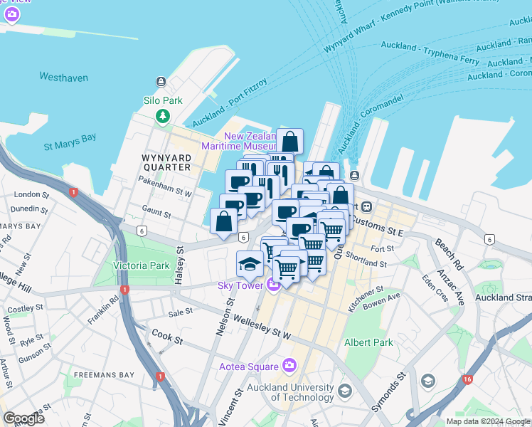 map of restaurants, bars, coffee shops, grocery stores, and more near 1 Pakenham Street East in Auckland