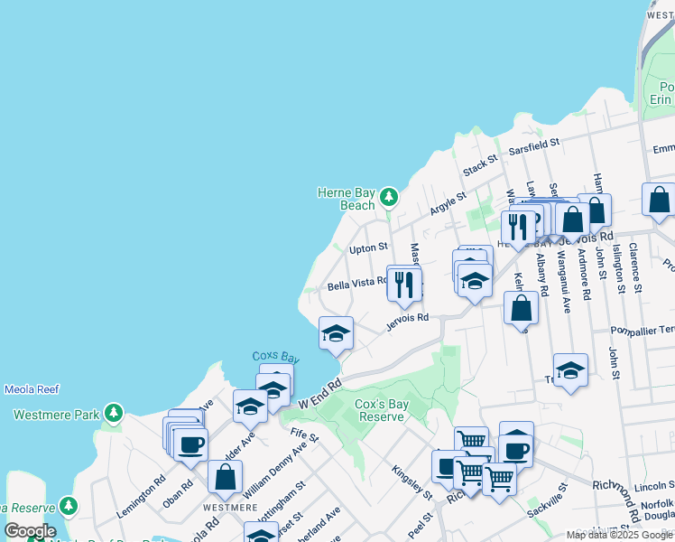 map of restaurants, bars, coffee shops, grocery stores, and more near 26 Marine Parade in Auckland