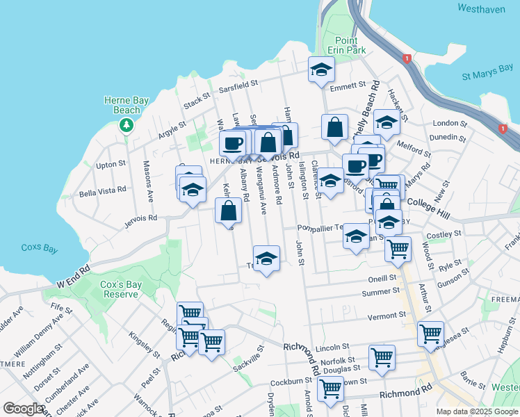map of restaurants, bars, coffee shops, grocery stores, and more near 29 Wanganui Avenue in Auckland