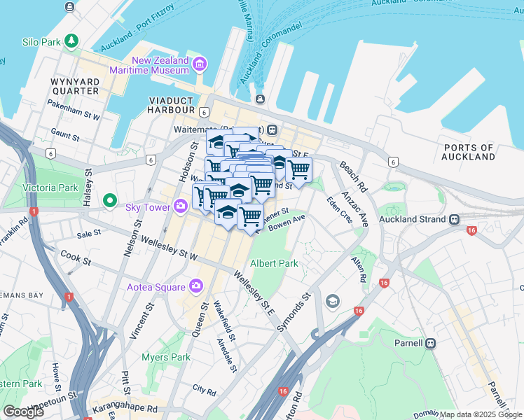 map of restaurants, bars, coffee shops, grocery stores, and more near Courthouse Lane in Auckland