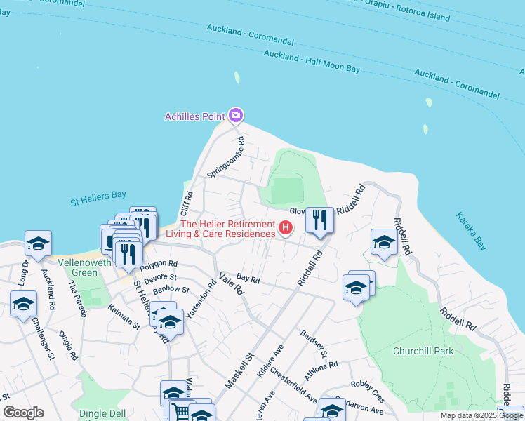 map of restaurants, bars, coffee shops, grocery stores, and more near 25 Glover Road in Auckland
