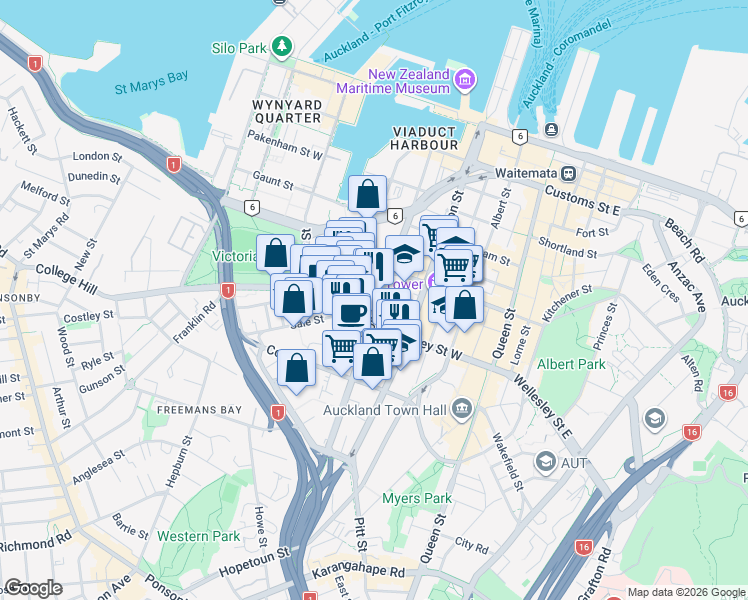 map of restaurants, bars, coffee shops, grocery stores, and more near 53 Nelson Street in Auckland