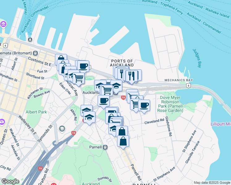 map of restaurants, bars, coffee shops, grocery stores, and more near in Auckland