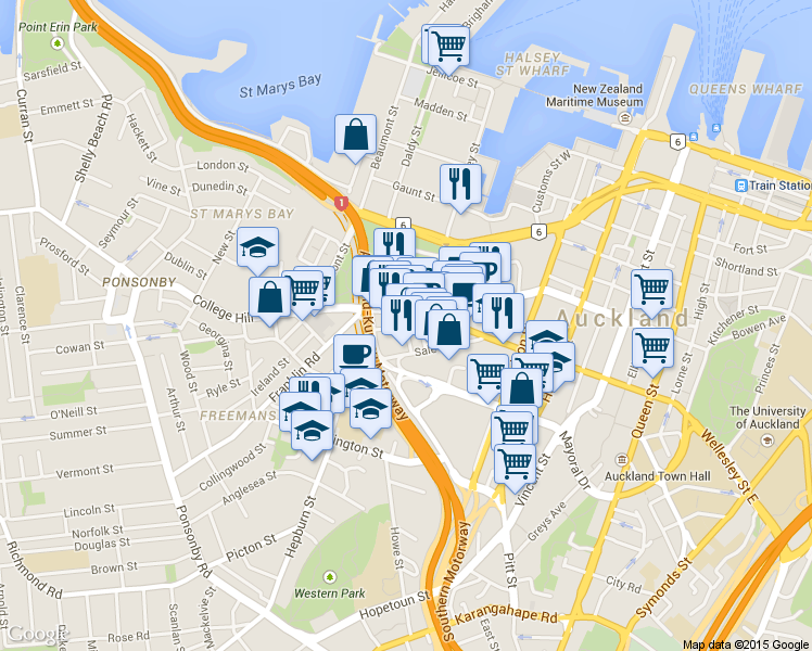 map of restaurants, bars, coffee shops, grocery stores, and more near Centre Street in Auckland
