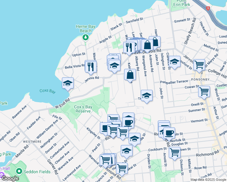 map of restaurants, bars, coffee shops, grocery stores, and more near 16 Hector Street in Auckland