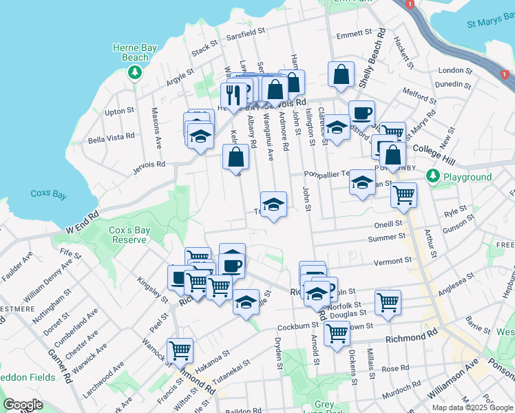map of restaurants, bars, coffee shops, grocery stores, and more near 75 Albany Road in Auckland
