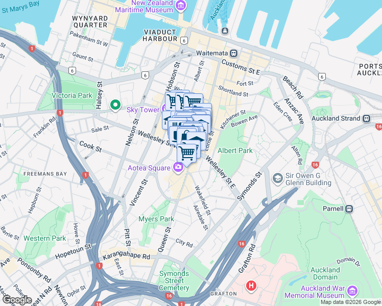 map of restaurants, bars, coffee shops, grocery stores, and more near 269 Queen Street in Auckland