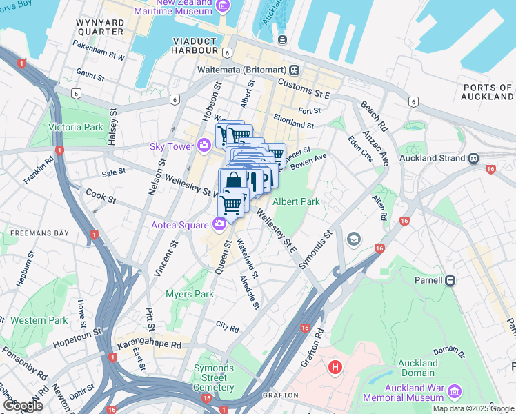 map of restaurants, bars, coffee shops, grocery stores, and more near 128 Lorne Street in Auckland