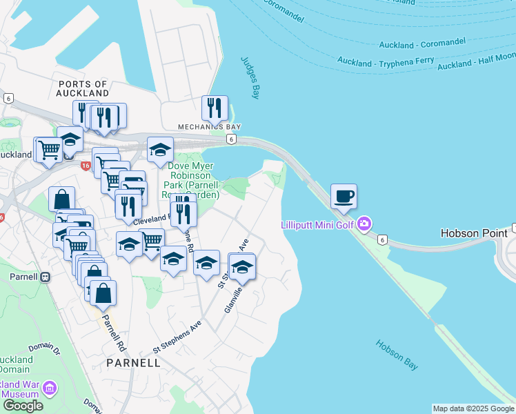 map of restaurants, bars, coffee shops, grocery stores, and more near 128 Saint Stephens Avenue in Auckland