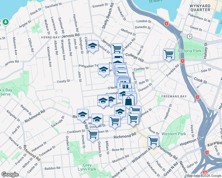 map of restaurants, bars, coffee shops, grocery stores, and more near 24 O'Neill Street in Auckland