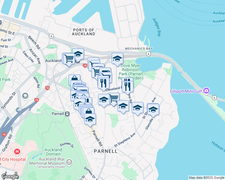 map of restaurants, bars, coffee shops, grocery stores, and more near 7 Cleveland Road in Auckland