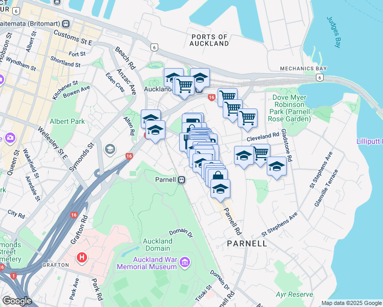 map of restaurants, bars, coffee shops, grocery stores, and more near 1 Heather Street in Auckland